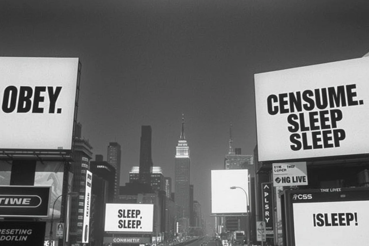 greyscale cityscape; large white billboards populate the city with black block lettering with text "OBEY", "REPRODUCE", "CONSUME", "BUY", "SLEEP", 'They Live' by john_carpenter movie still, concept art