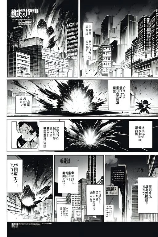 explosion in city, manga page, greyscale