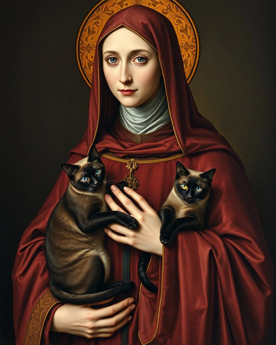hauntingly illuminated medieval portrait of Saint Gertrude of Nivelles, her serene yet commanding presence radiating from the gilded frame as if stepping through time. Dressed in flowing 7th-century abbess robes of deep burgundy and gold, she cradles two sinuous Oriental Shorthair chocolate point Siamese cats like sacred relics—their piercing blue eyes glowing like sapphires against velvety sepia fur, their angular faces turned toward her with feline reverence. One paw rests on her embroidered s