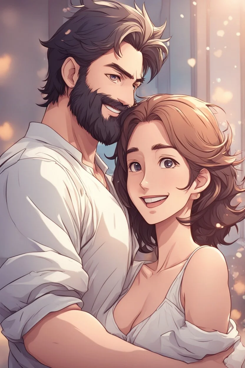Anime man with beard, handsome and happy, holding wife. Romantic and in love