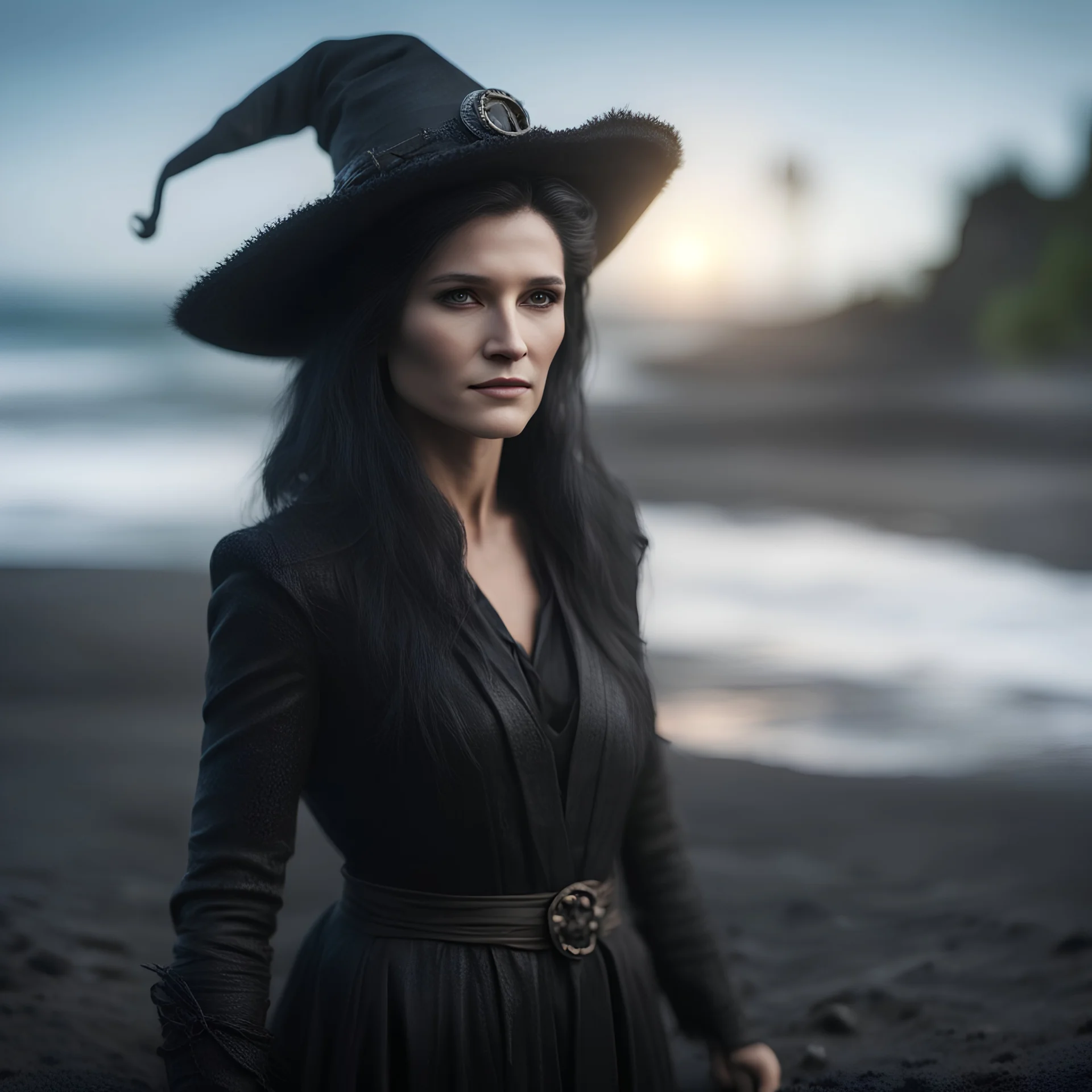 corey feldman as a female witch on a black sand beach ,bokeh like f/0.8, tilt-shift lens 8k, high detail, smooth render, down-light, unreal engine