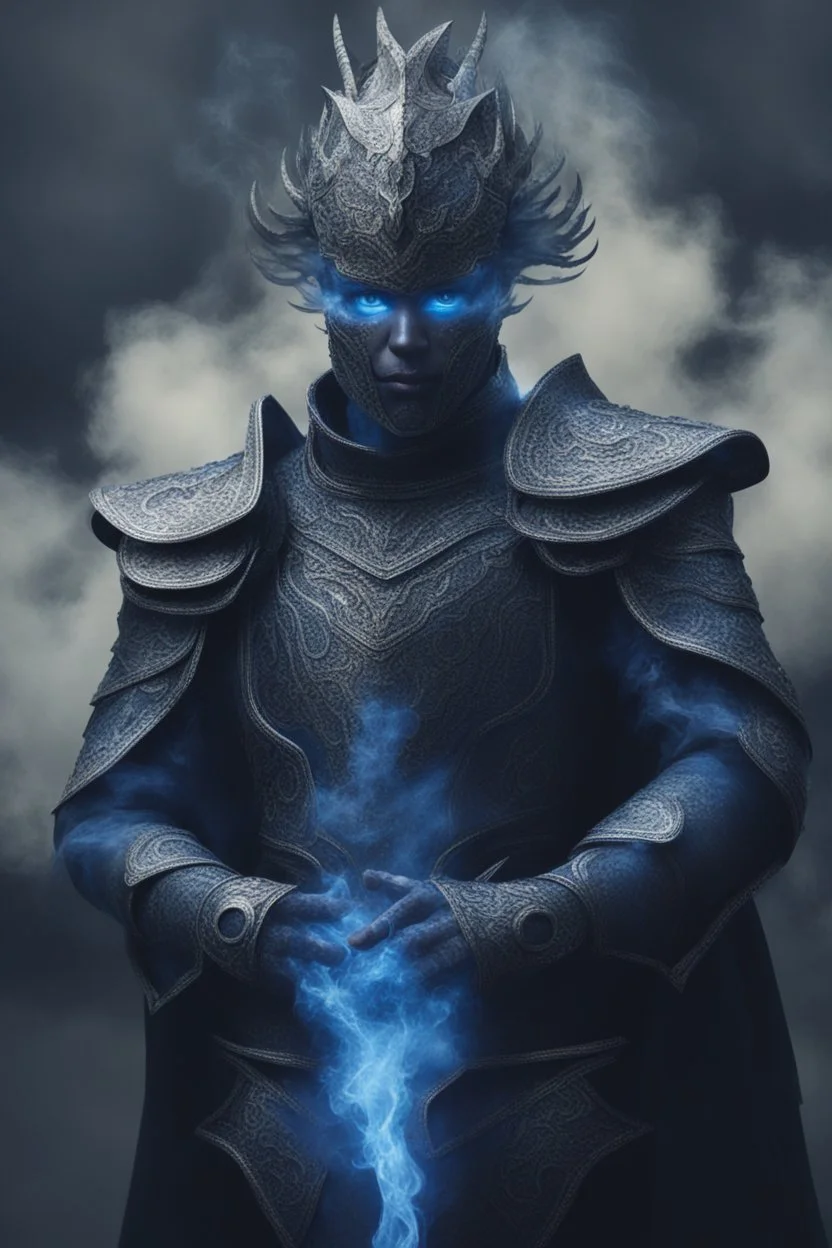 blue smoke in a shape of humanoid of colour of a storm wearing a scalemail armor