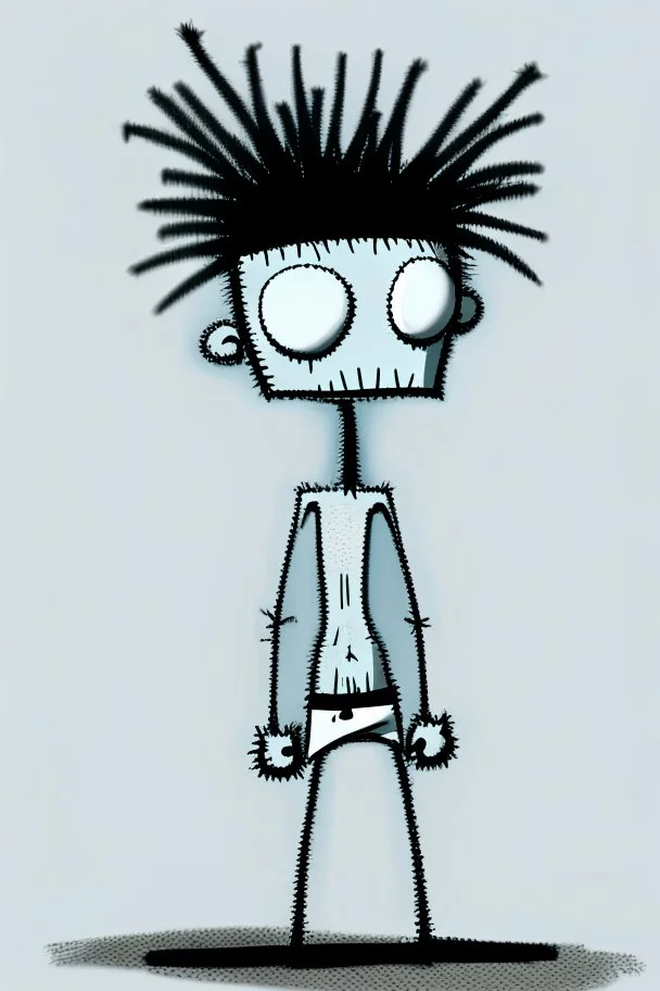 2d drawing of a stickman, cool with punk hair, x eyes like in hangman, no shirt and only dressed in a white towel, standing with hands on hips, 3d realistic in colour