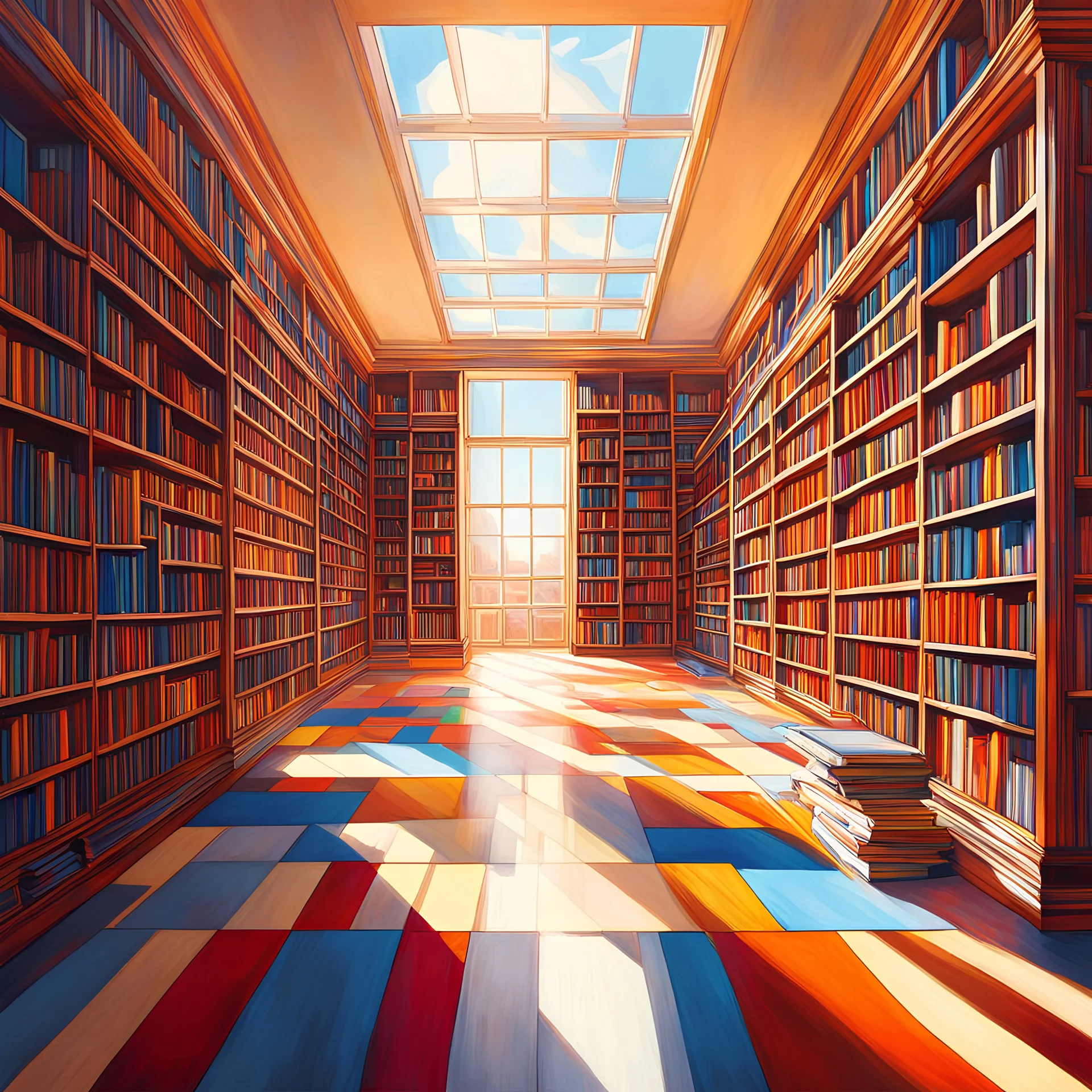 A vibrant and detailed digital painting of a room filled with infinite bookshelves, bathed in warm sunlight pouring through the large skylights. The light beams form a mesmerizing pattern of rectangles on the floor, following the precise sequence of the Fibonacci sequence. The artwork incorporates the vivid colors of De Stijl, blending harmoniously with the serene ambiance of Wilhelm Hammershøi and Etienne Delessert. Imagine the viewer being immersed in the tranquility of the library, surrounded