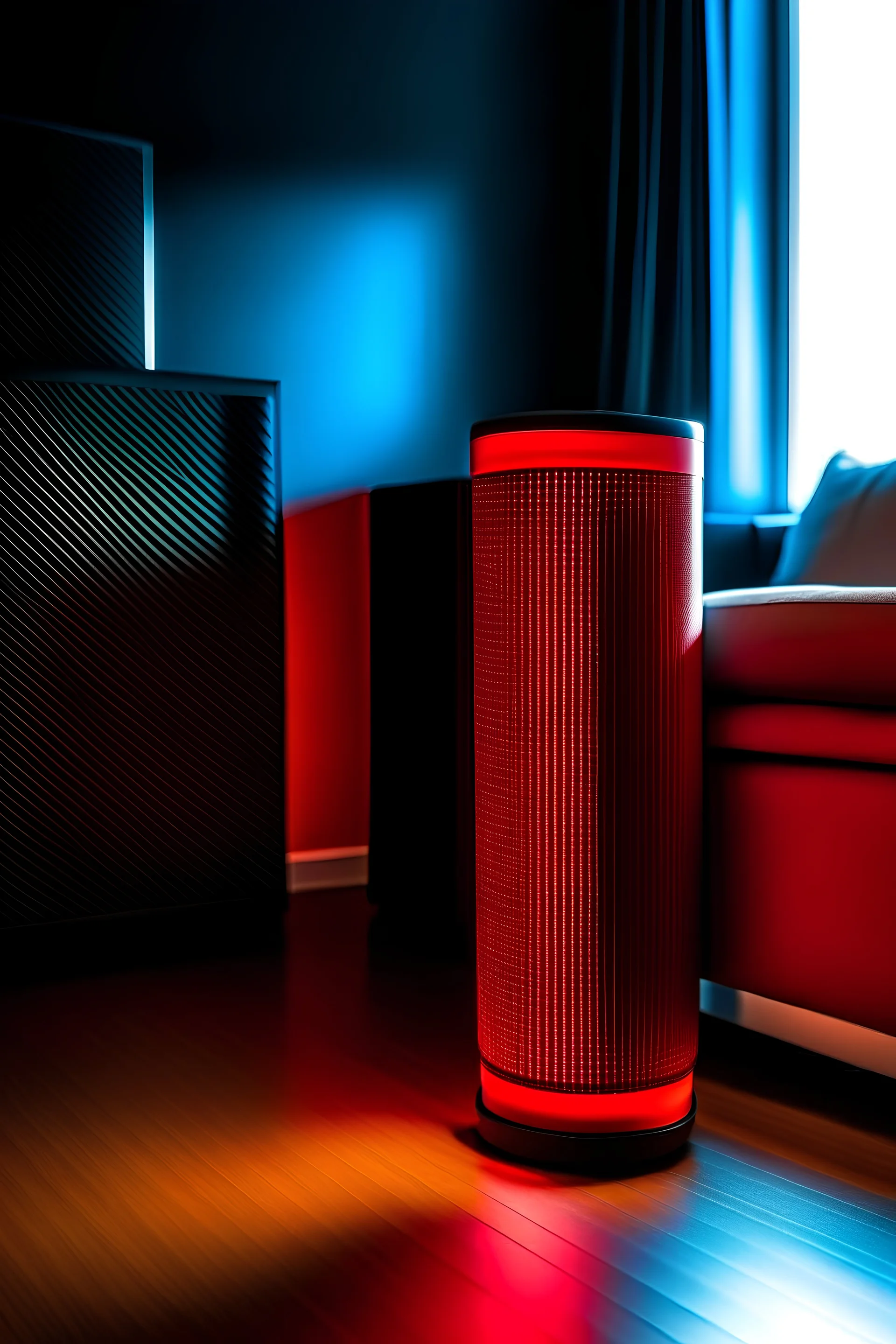 an air purifier in the corner of a room. A red led in the centre of it,