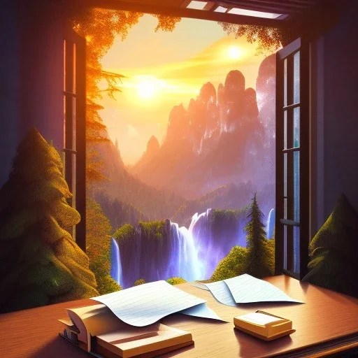 desk, parquet, sheet of paper, little pen, in front of a huge picture window with large view on a waterfall with warm light, sunset ,pixar style, panorama, nature, globe, HD, Hallelujah mountains