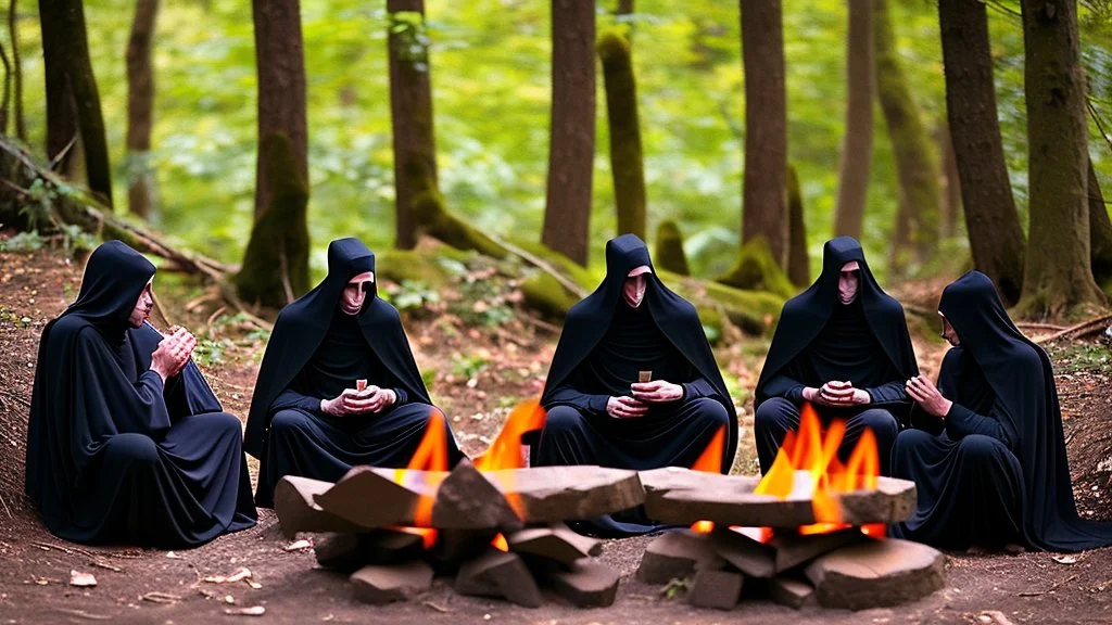 Black robed monks sitting around a fire in the forest