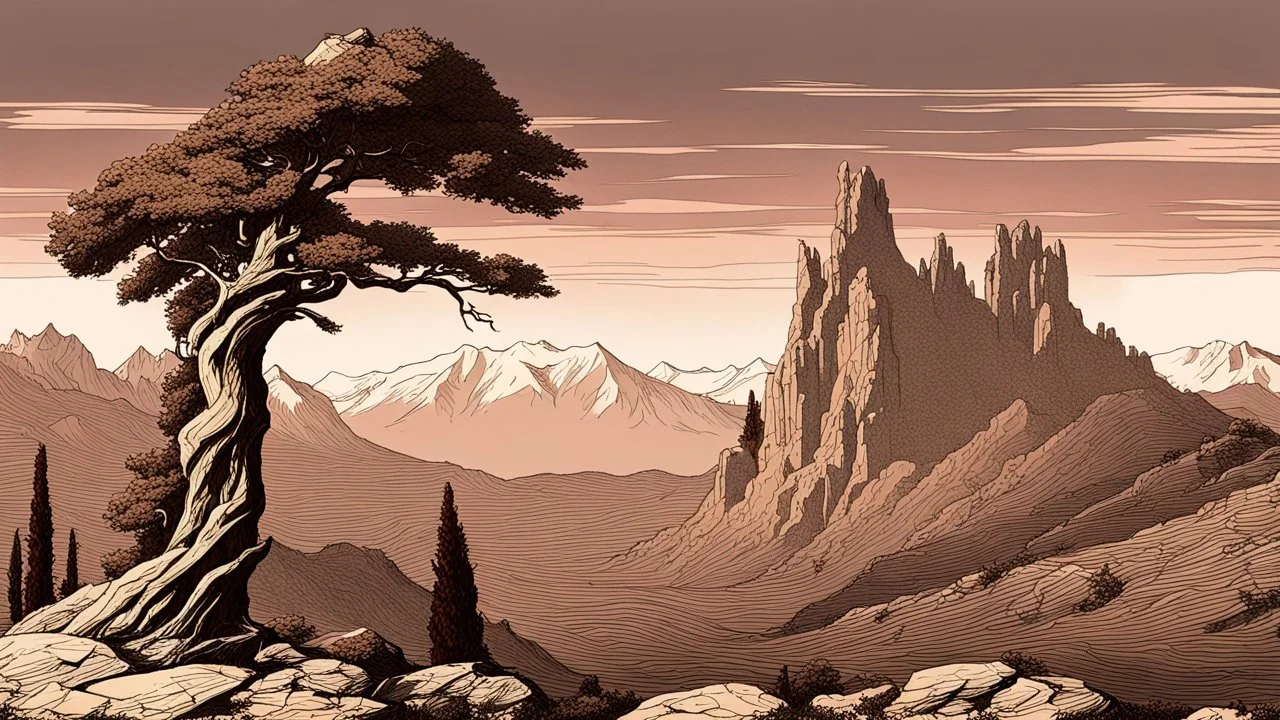 mountains, a gloomy rocky landscape, cypresses stretching up in the foreground, rocks and a bloody sky in the background