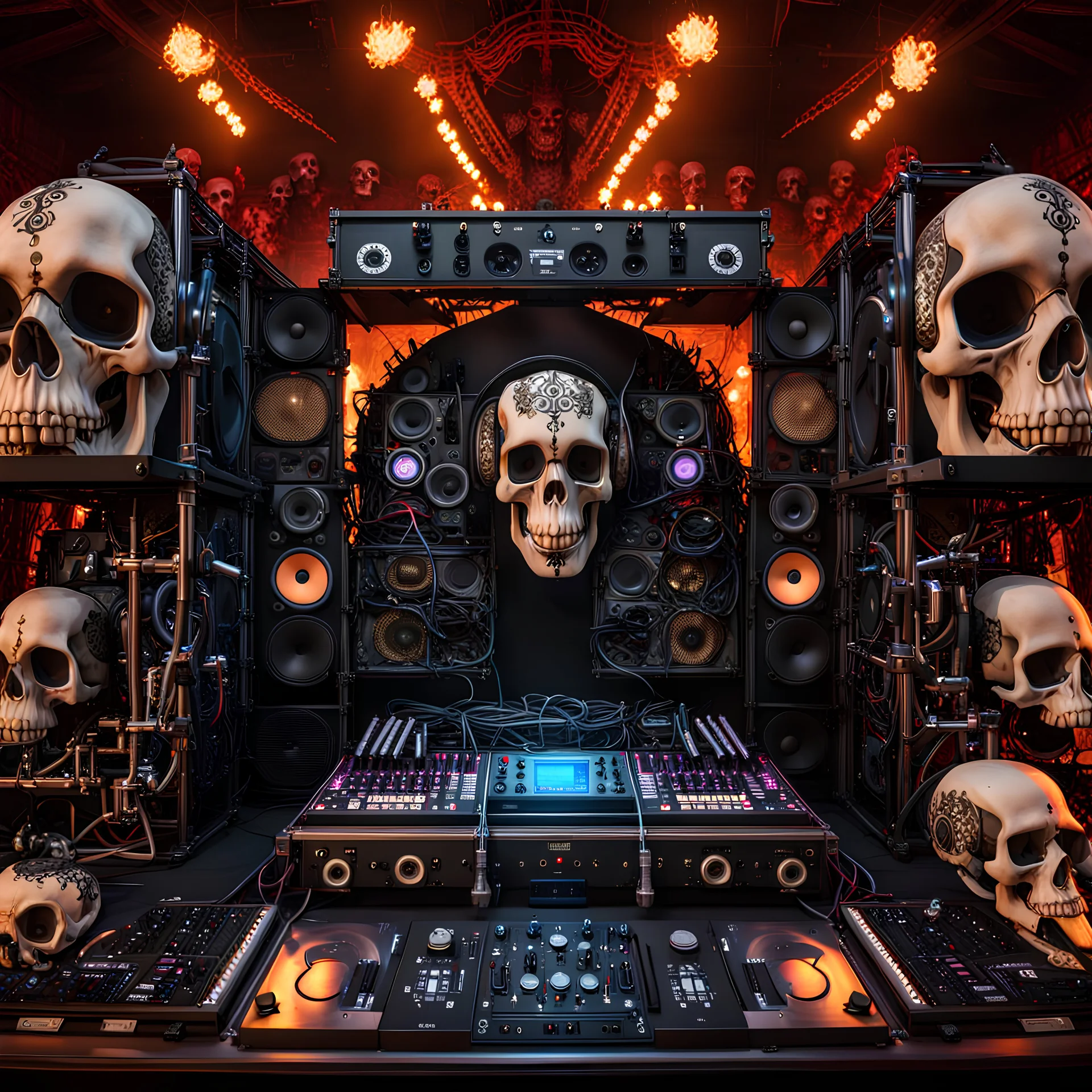 DJ of the damnded, insanely detailed DJ booth in hell, MID set, speakers and equipment made of bone, anatomically correct, add more skulls in th audience, photorealism, vray, 8k 3d, woofers in all empty eye sockets of stage equipment, wide angle, telephoto, from audience, all multicolored skulls,