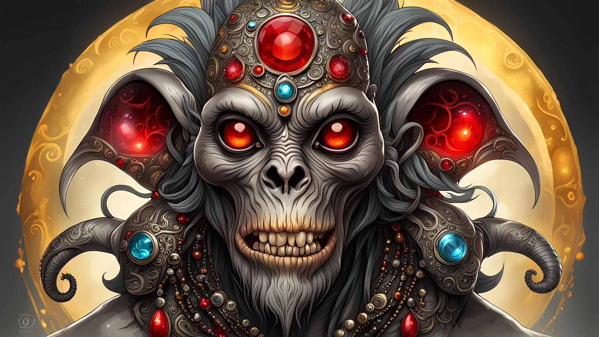 ancient shiny male zombie primate (alien trinkets), weathered (parchment background) with smoldering edges, silver filigree, bold lines, vivid tattoo ink, shiny glass jewels, bold, 16k resolution, epic, beautiful, masterpiece, trending on Artstation, deviantArt, ultra detailed, sharp focus, red yellow and black, deep color, vibrant, wet, gloss