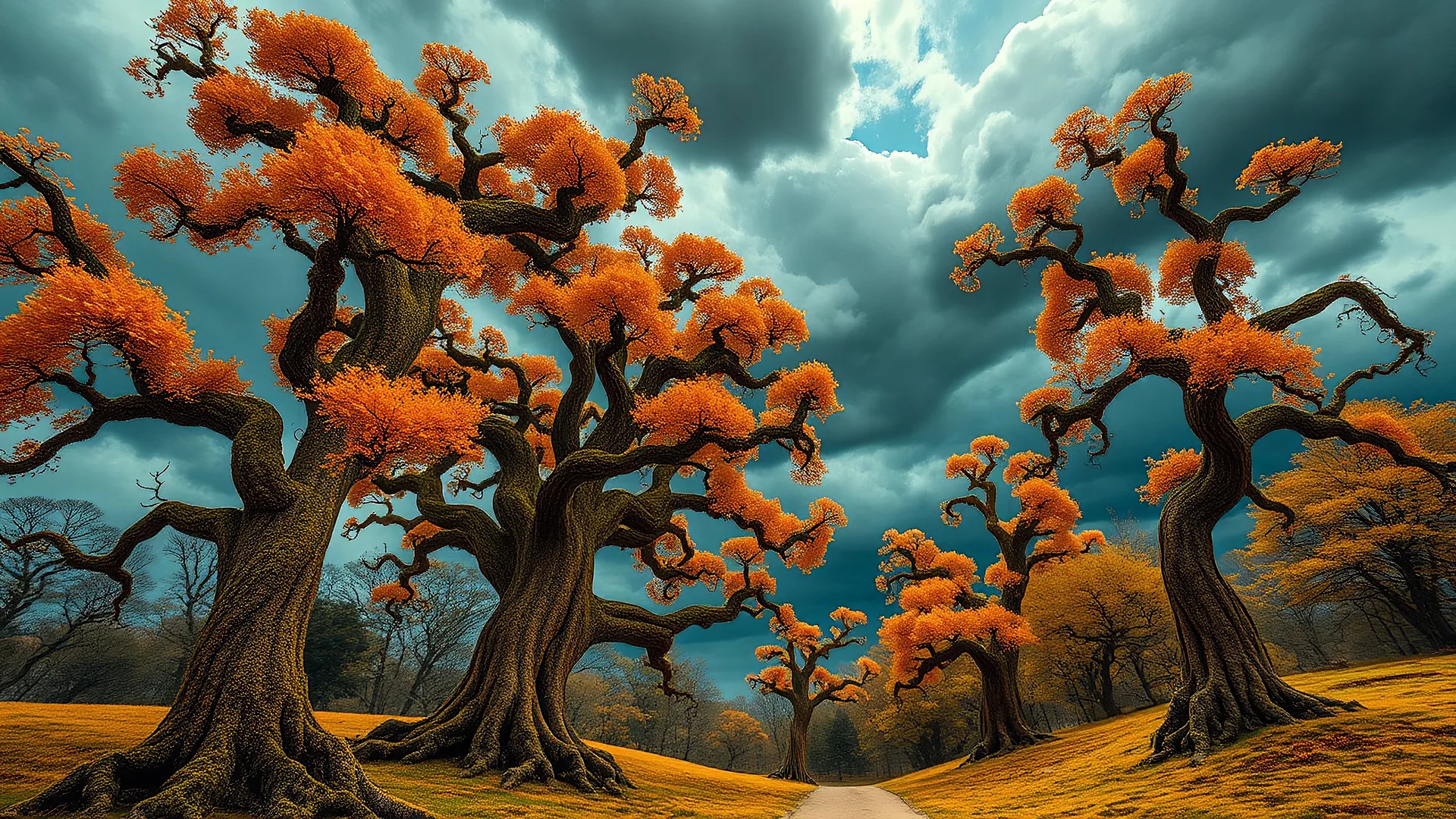 trees in a faraway fairy tale kingdom, orange, yellow, where the trees twisted like gnarled fingers and the skies brooded with stormy clouds, 8k, high quality, trending art, trending on artstation, sharp focus, studio photo, intricate details, highly detailed, by tim burton