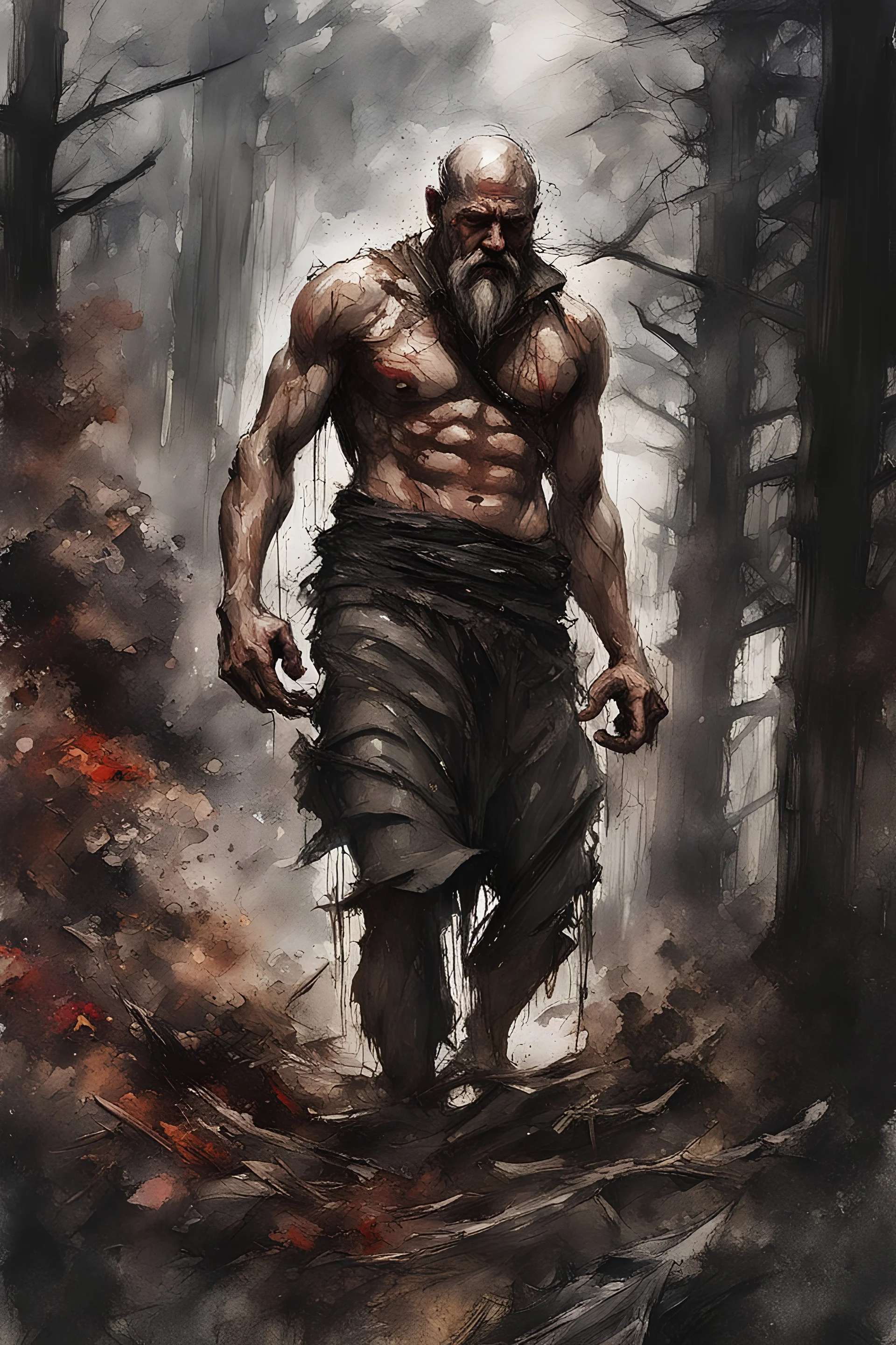 a stupid and crazy stone giant walks through the forest and breaks, vivid emotions, watercolor, photorealism, dark fantasy, bad weather, gloomy day, dark world, sketch art, fine lines, grunge, sensual, darkness, by Raymond Swanland & Alyssa Monks & Anna Razumovskaya