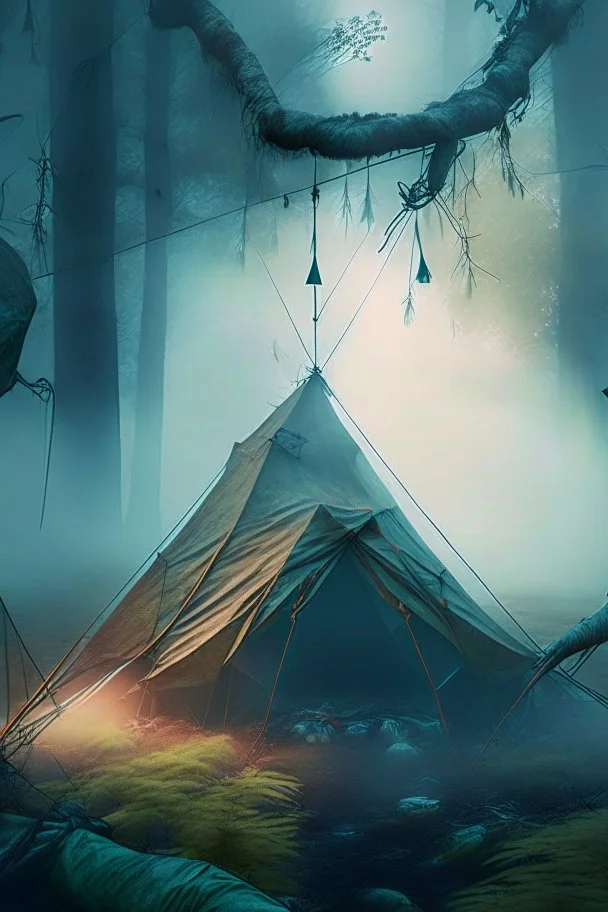 tent hanging in ropes, prehistoric forest, trending art, 8k, depth of field, volumetric fog, hi detail, spray paint