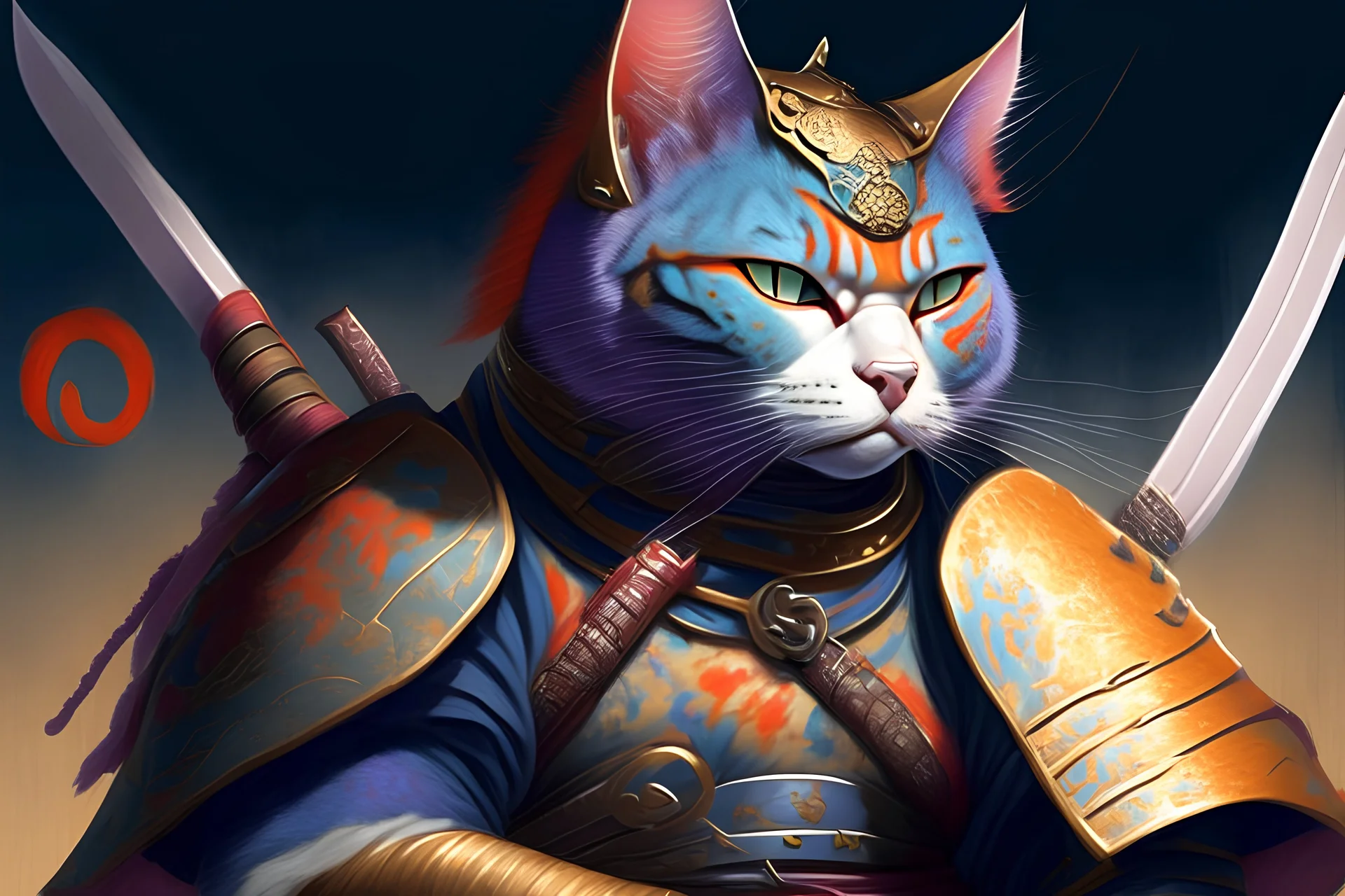 full body Samurai Cat perfect faced (((I'm the style of Mark E. Rogers))), hyperrealism, digital painting of an animation character, character illustration, glen keane, lisa keane, realistic, disney style character, detailed, digital art, 4k, ultra hd, beautiful d&d character portrait, colorful fantasy, detailed, realistic face, digital portrait, intricate armor, fiverr dnd character, wlop, stanley artgerm lau, ilya kuvshinov, artstation, hd, octane render, hyperrealism