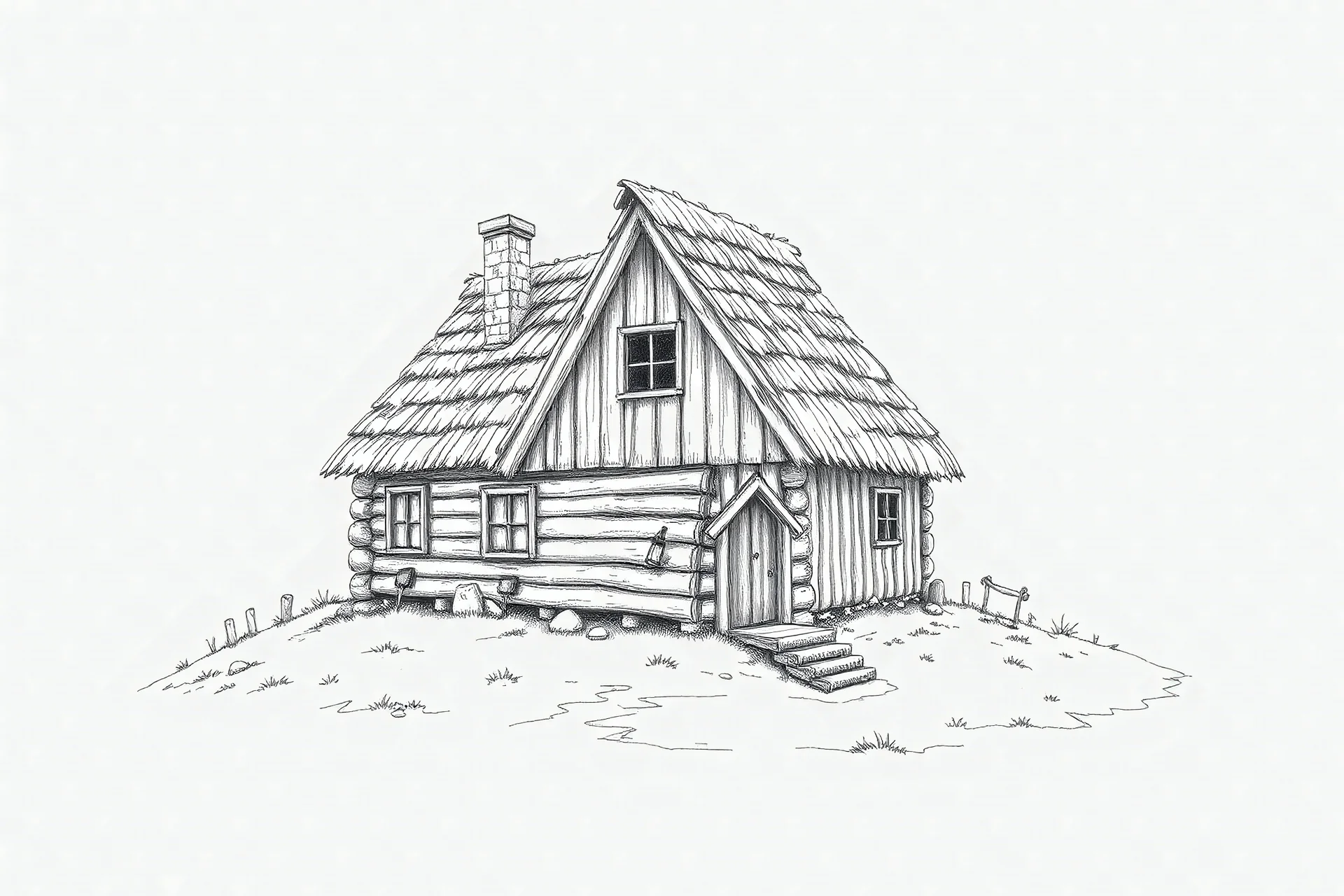 Viking House. Full-color drawing. Delicate pencil drawing, line art, illustration-style, full color, on a white background. Realistic drawing. Extremely detailed and well-drawn. Flat illustration. Crisp, clean image. Hand-drawn. High-resolution, full-color drawing. Full-length image. Full-length body.