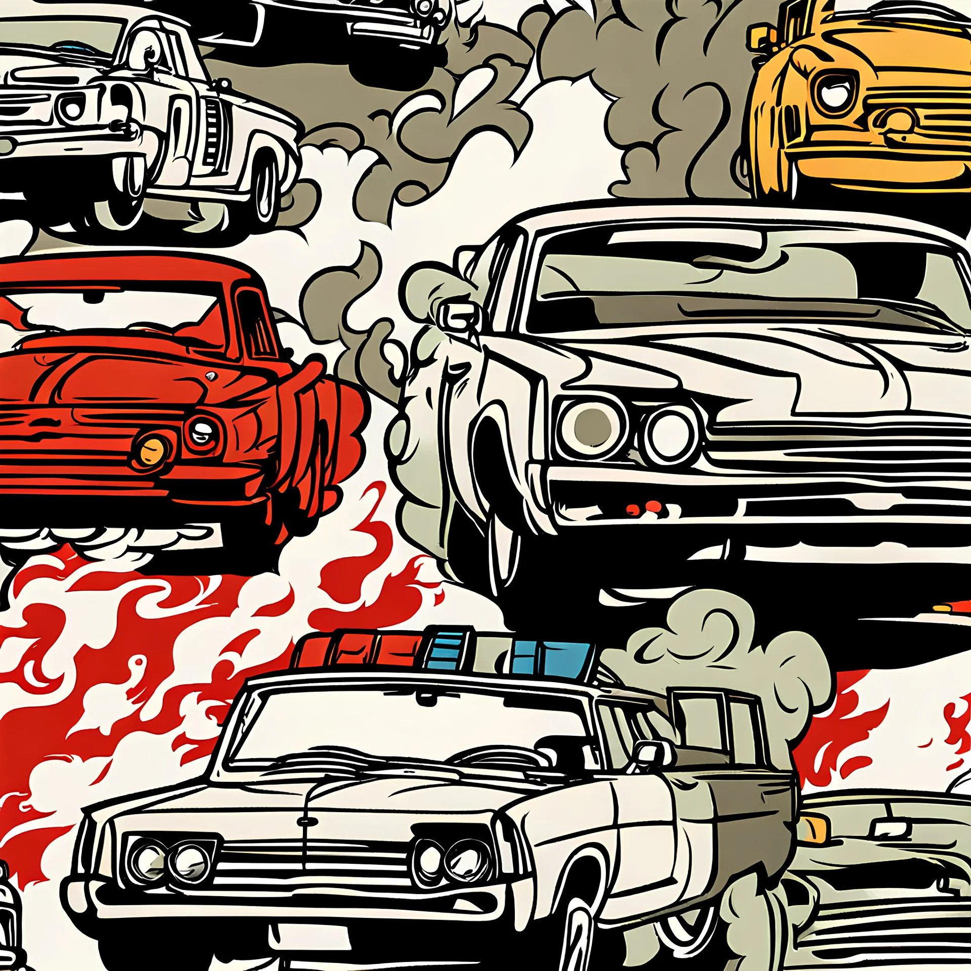 a comic books style illustration of smoke exits from cars