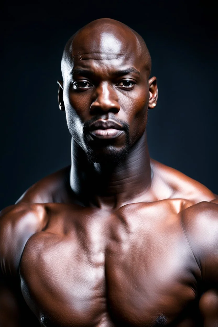 Portrait of a handsome dark skinned and muscular heavy set african man with a bald head and neatly trimmed beard