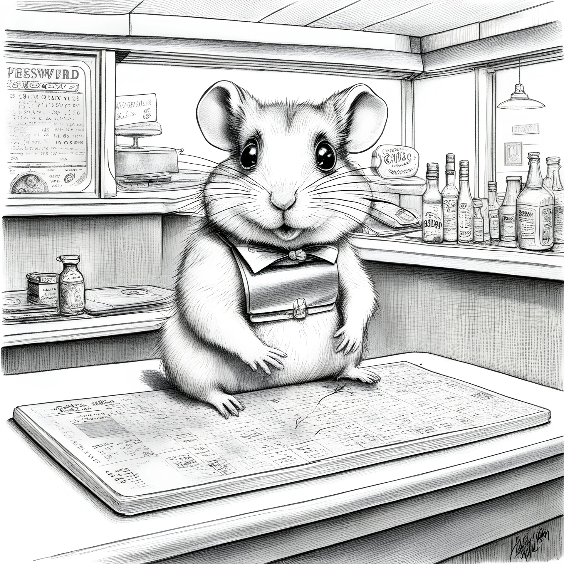 whimsical rough pencil sketch of an anthropomorphic bespectacled hamster filling in the Sunday crossword puzzle sitting at a 50's diner counter, by Stephen Wiltshire