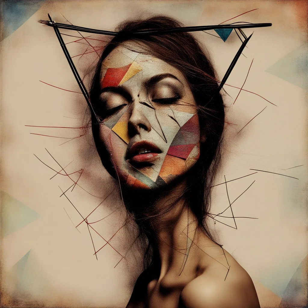 Whimsical kissing: This strange asymmetric abnormal kissable beautylady has a head that looks like a triangle, a square and a circle sewn together with cords. Colorful abstract art, mixed media. Disturbing, turpistic, dark. Scratches. Kissing background.