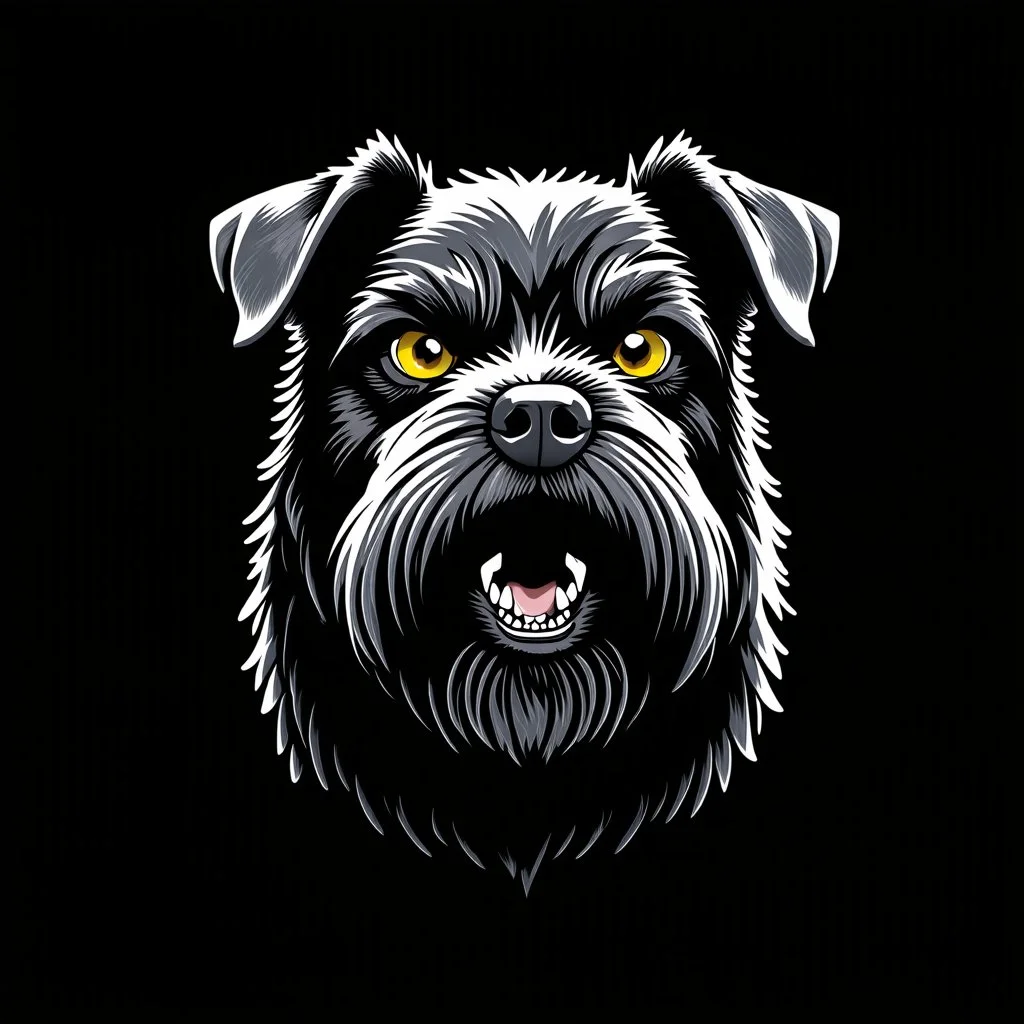 head of an angry scruffy black terrier on black background, yellow eyes, defined teeth, turned to the side, illustration