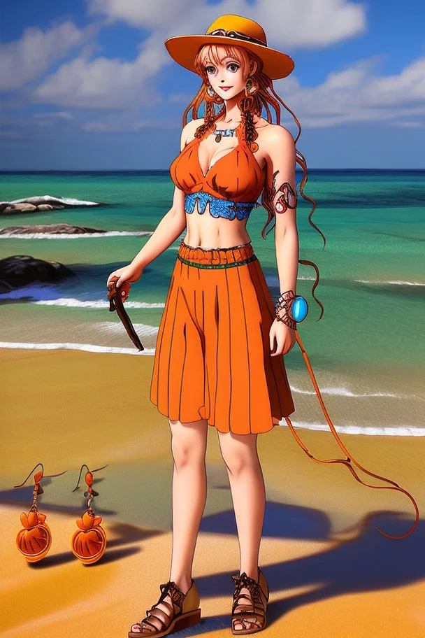 Full body of beautiful girl nami, Hair Color: Orange, Style: Wavy, Outfit Top: Blue, Outfit Bottom: Orange, Shoes: Brown, Accessories: Tangerine, Weapon: Clima-Tact, Hat: Straw, Tattoo: Pinwheel, Earrings: Hoops, sophisticated,, beautiful woman, hyper realistic, hyperrealism, photoreal, realistic, photorealistic, soft pastels, full-body, standing, long shot, wide angle, aesthetic