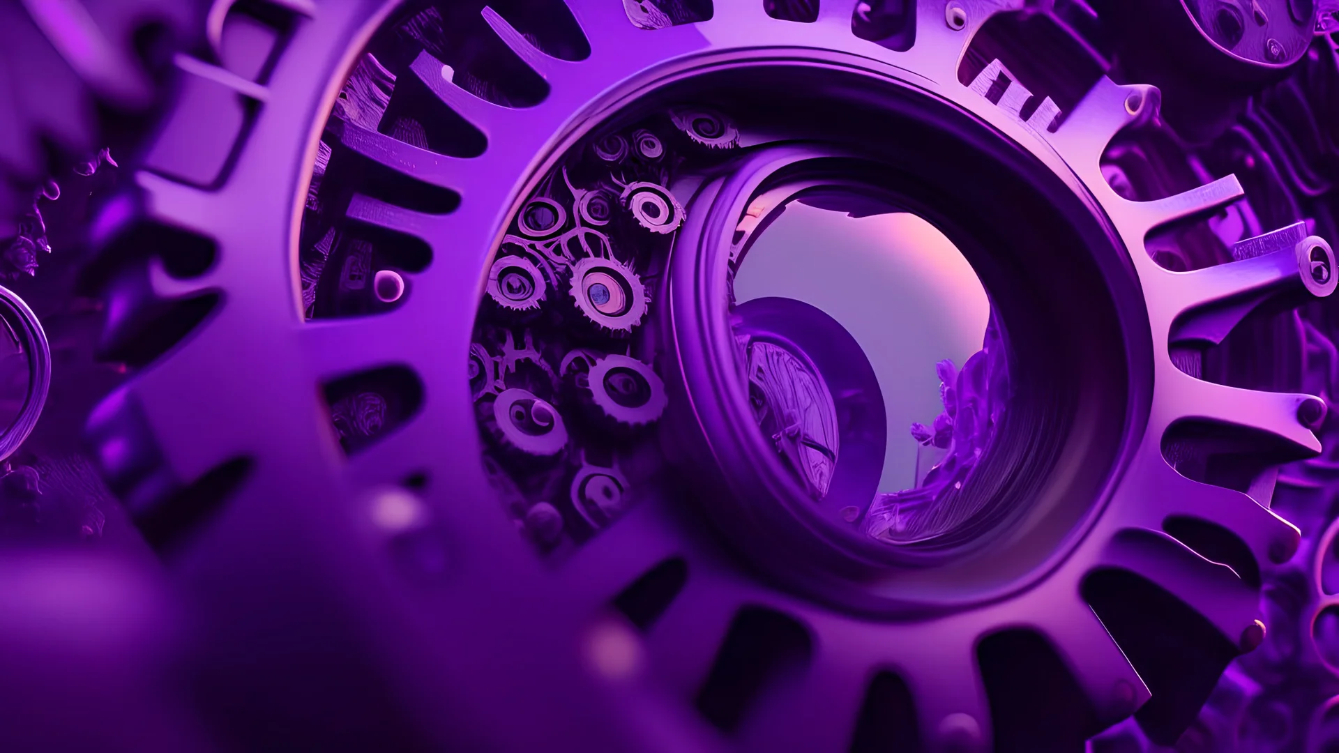 a giant cog that is also a magnifying glass, purple tones, dreamy, psychedelic, 4k, sharp focus, volumetrics, trippy background