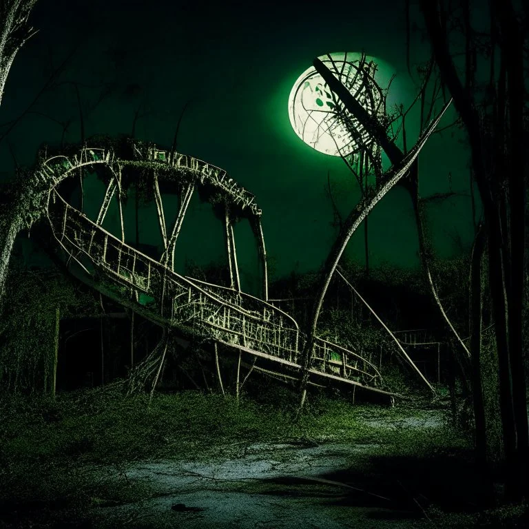 Dramatic Abandoned amusement park at midnight with full moon, structures rotted down to struts and beams overgrown with moss and shrubbery, dilapidated section of roller coaster track, opulant shadows, nostalgic, macabre decay, dystopian, moody, dramatic lighting, concept art, sfumato, dynamic composition, by William Stout