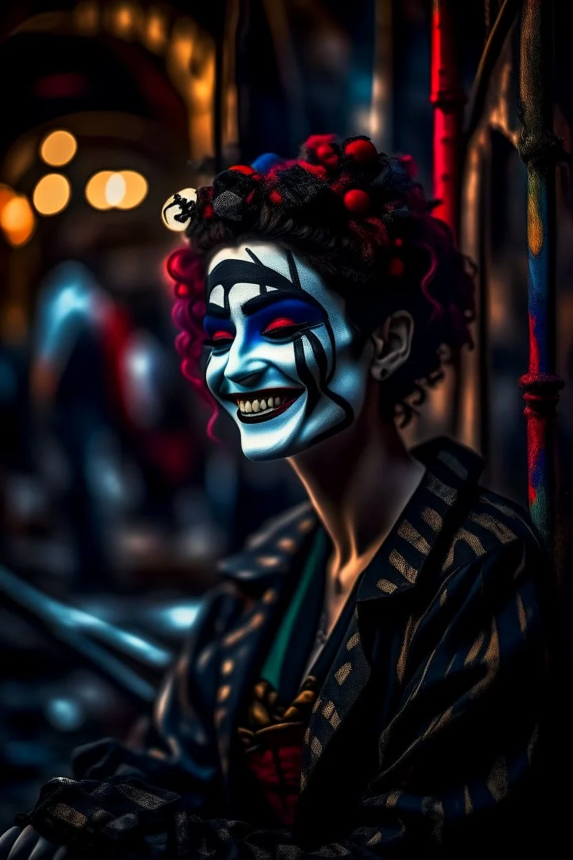 hyper real oil painting portrait of posing laughing dreaming harlequin in cable trolley in goth ruins background, zeiss prime lens, bokeh like f/0.8, tilt-shift lens 8k, high detail, smooth render, down-light, unreal engine, prize winning