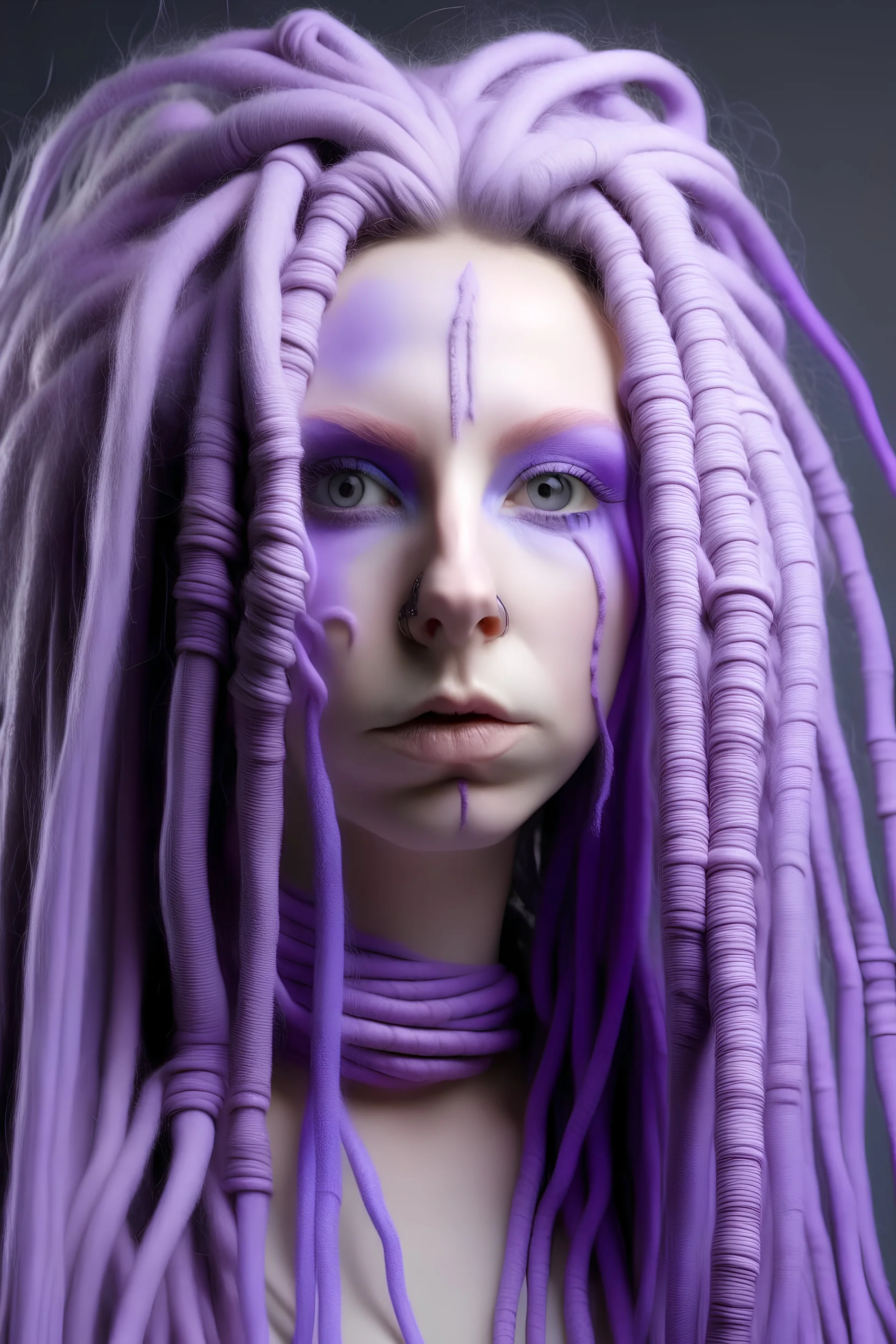 Full rubber female face with rubber effect in all face with pastel purple long hair sponge rubber effect with big white dreadlocks