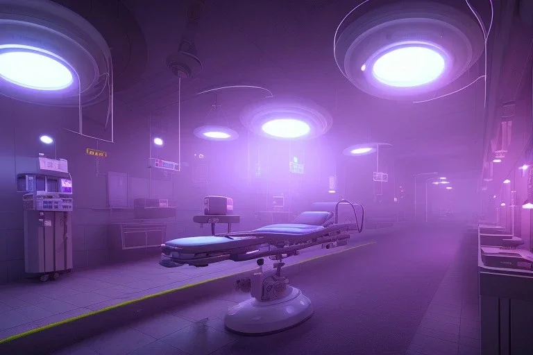 hospital , urban , hear of the city , street view , night time , unity, scriptable render pipeline , lighting , volumetric , global illumination, fog , purple emission , purple tone.