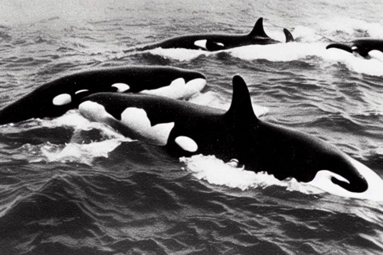 An orca army pod fighting in WW2, swimming up a stream to attack, orca insurgents, armored orcas