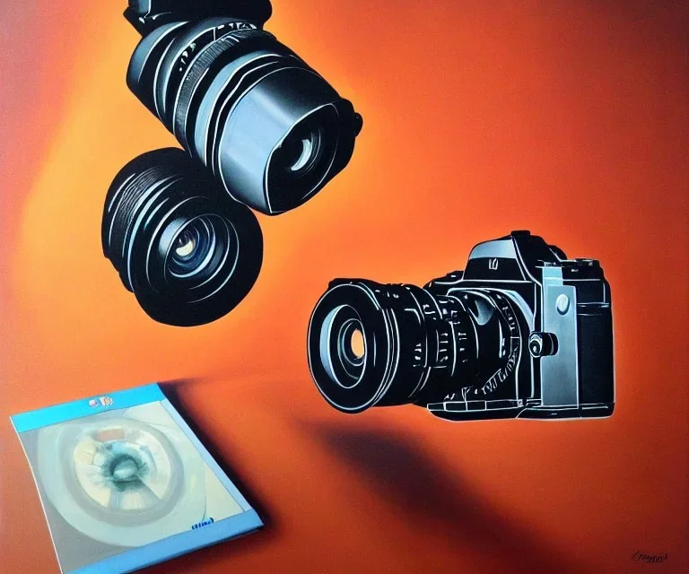 camera laid out flat. poster design. high detailed. oil on canvas. DSLR