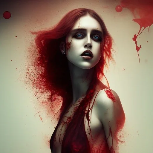 singer Danish MØ, background liquid, blood, hair guts, darkred tones,