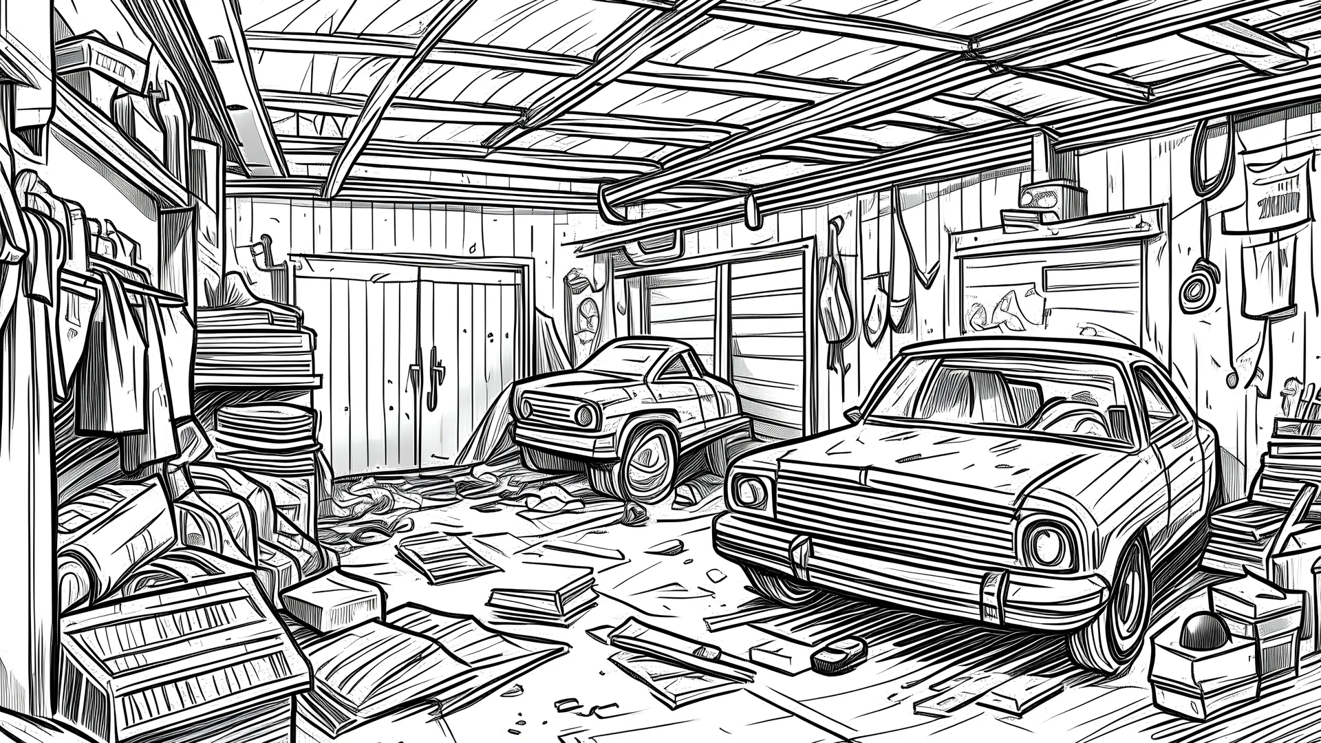 simple hand drawn illustration of a messy garage