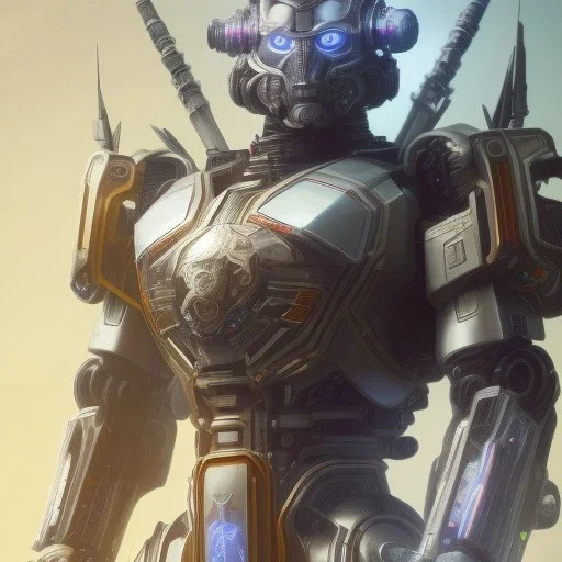 a beautiful full frame digital painting of futuristic cyborg samurai robot, wide angle view, inside picture frame, macro lens, centered camera, titanium accents, intricate details, small minutiae, tiny features, particulars, colorful, 8k, least ambient occlusion, volumetric lighting, volumetric clouds. art by Yoji Shinkawa