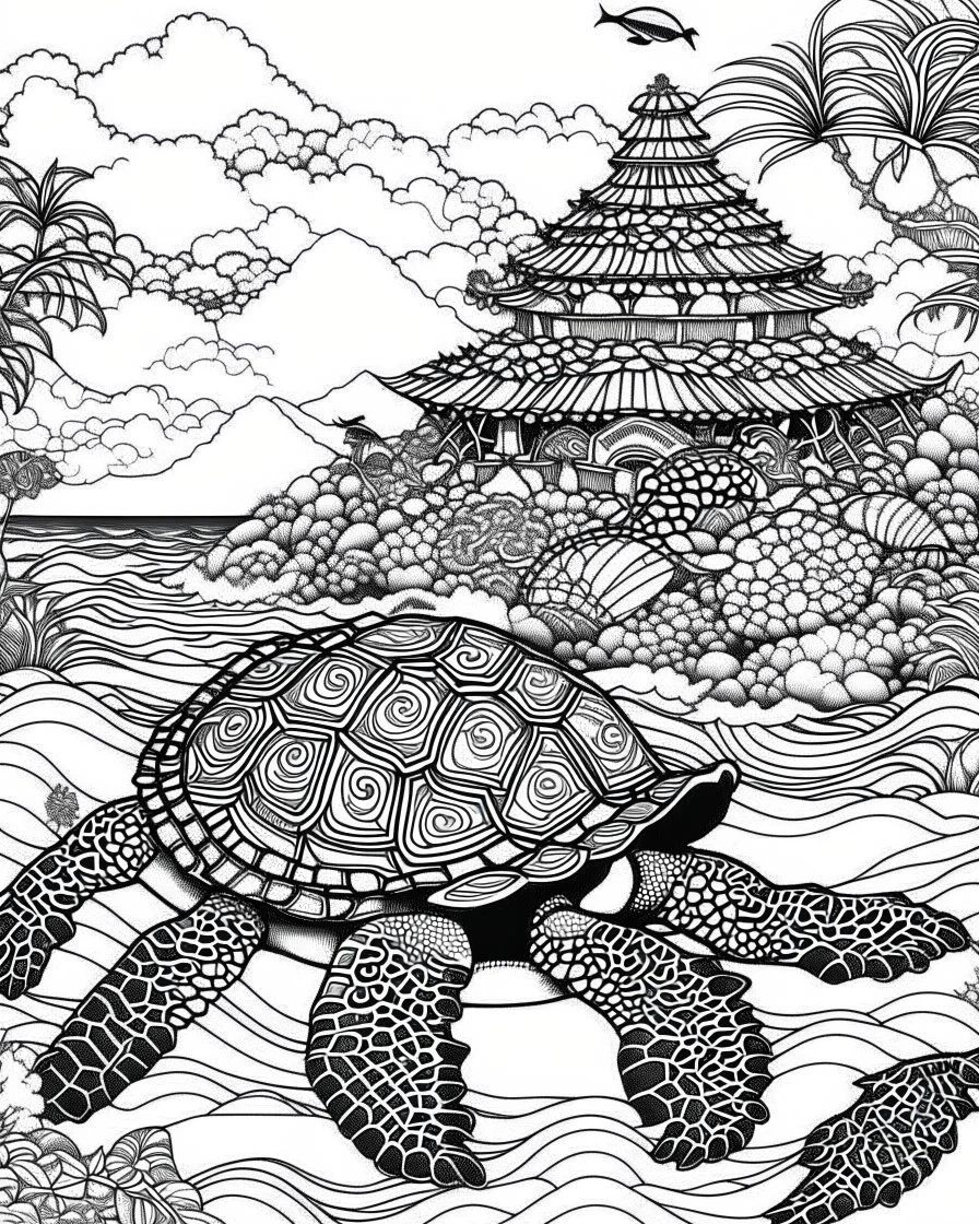 coloring pages for kids, Pacific island shaped Japanese ink painting, paradise, sea turtles , Art drawing .super detailed, low detail, black and white, no shading, --ar 85:110