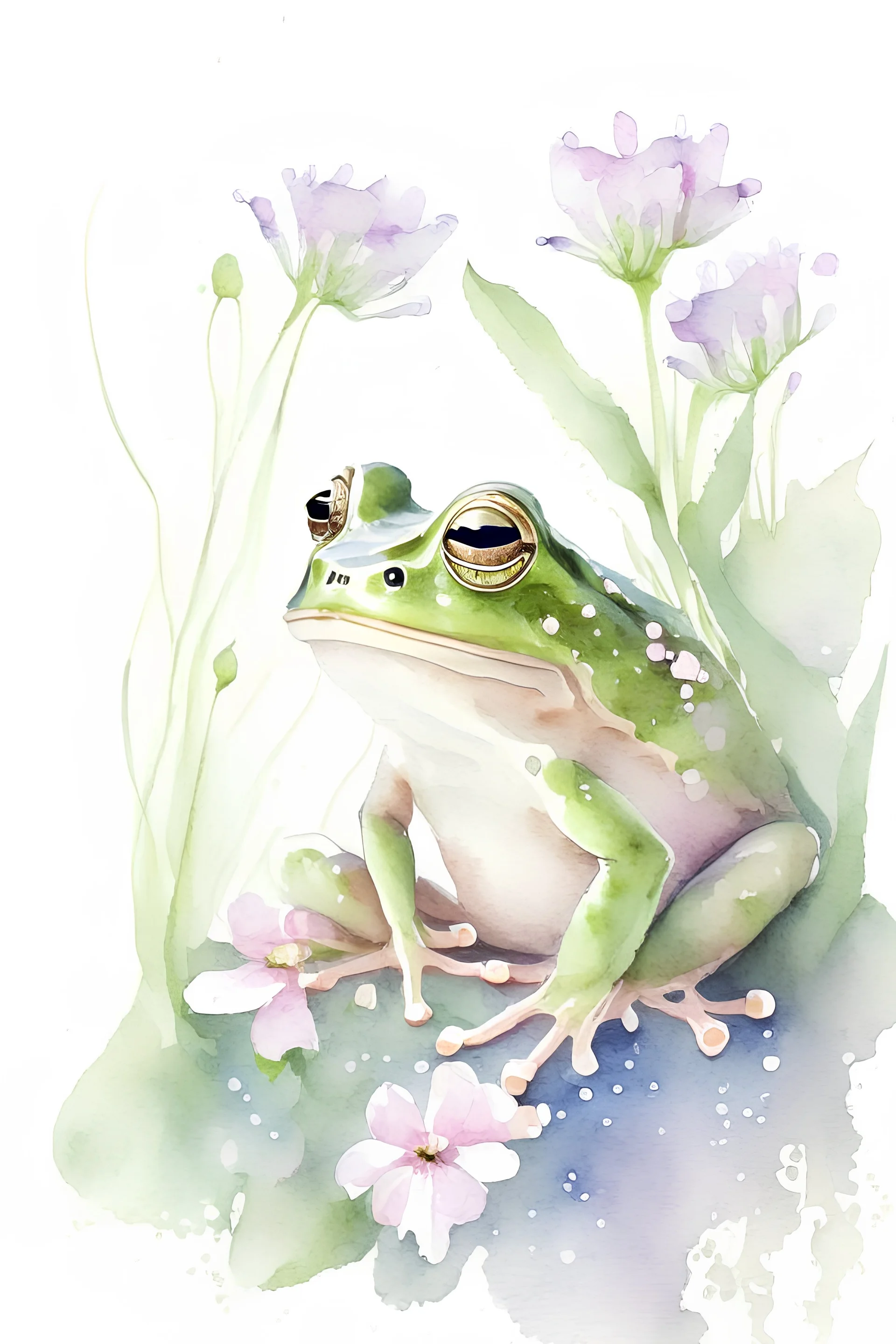 Watercolor cute frog with flowers in pastel soft colors