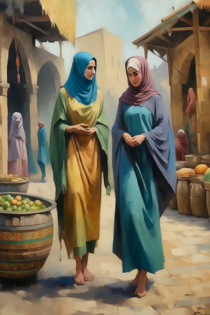 oriental arabic 2 woman standing in market painting