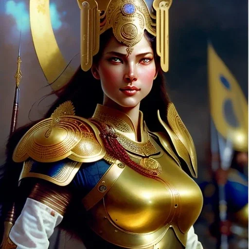 portrait ' beautiful busty Female Warrior',ancient metal armor and Helmet ,painting by gaston bussiere, greg rutkowski, yoji shinkawa, yoshitaka amano, tsutomu nihei, donato giancola, tim hildebrandt, oil on canvas, cinematic composition, extreme detail,fit full head inside picture,16k