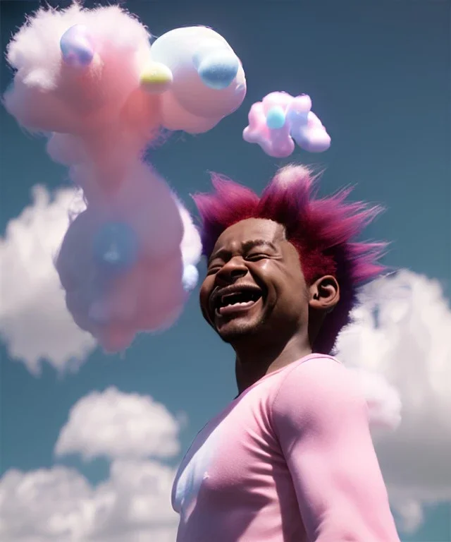 Ultra realistic clouds sky scene, wide angle, medium shot view, portrait, sweet Child, free jumping flying, trinkets, monster hair, jelly beans, balls, smile, happy, circus style, inflatable color clothing, extreme, wind, clouds sea, 20,000 feet altitude, stratosphere, soft color, highly detailed, unreal engine 5, ray tracing, RTX, lumen lighting, ultra detail, volumetric lighting, 3d, finely drawn, high definition, high resolution.