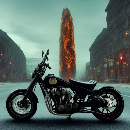 Fire head skeleton Rider wearing a black leather on black motorcycle in the middle of street rounded by high tower in a City