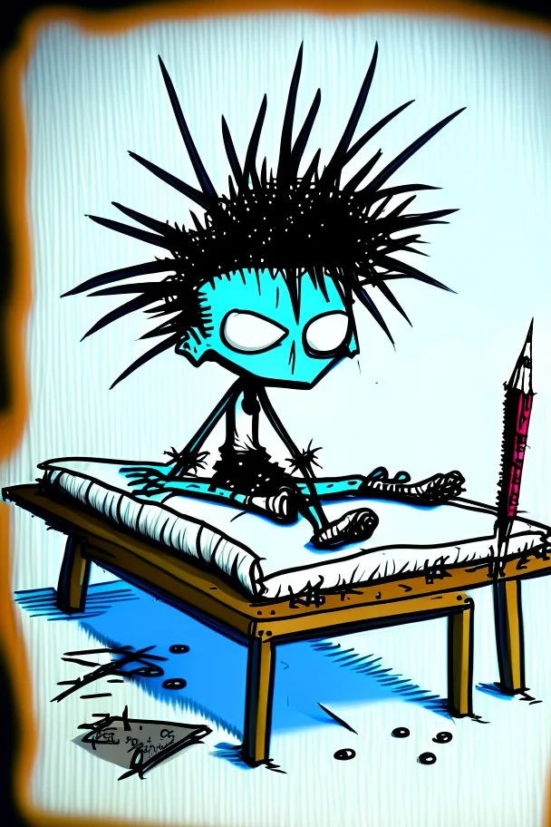 2d drawing of a stickman, cool with punk hair, x eyes like in hangman, laying down flat on somach on massage table,3d realistic in colour