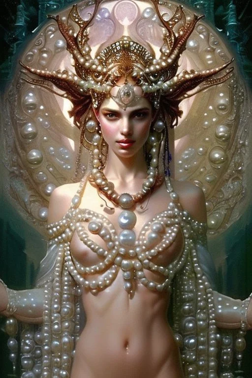 Beautiful Goddess covered in pearls and gems, a masterpiece by by Greg Rutkowski, Jeffrey Jones, Thomas Kinkade, Greg Olsen, beautiful spectacular textures, striking amazing light and shadows, remarkable dramatic setting, stunning unique reflections