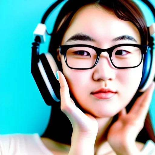 Portrait of a beautiful Korean girl with brown hair and round glasses wearing white headphones with her hand under her chin ، high details, high quality ,gamer game