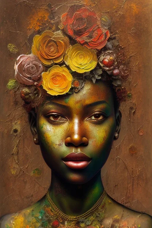 an abstract painting of rusted metal and flowers, african portrait, rust, scaffolding, iron cladding, decay, mixed media, textured, anatomically correct, beautiful perfect face, sharp focus, highly detailed