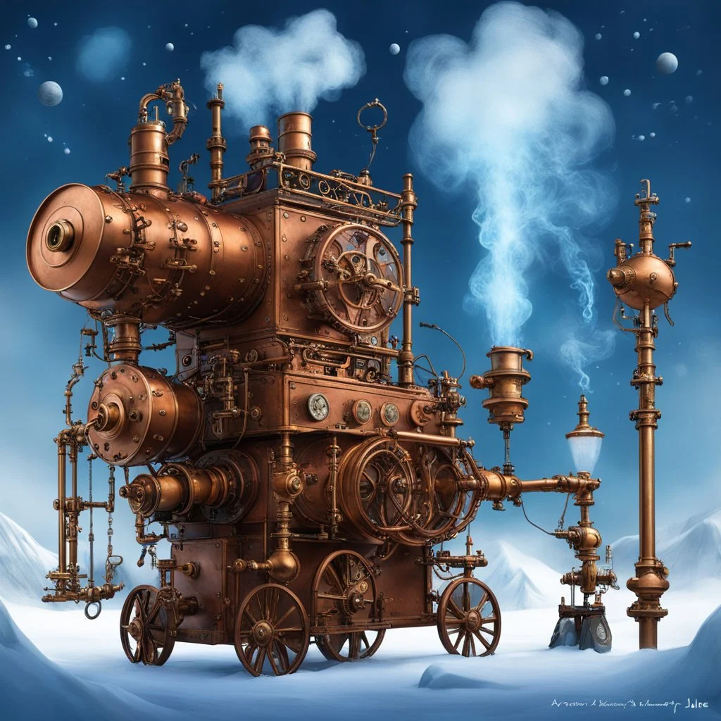 Behold the fantastical creation of Professor Blockhead, a steam-powered contraption whirring and clicking with fervor. The eccentric inventor gazes upon his invention with theatrical awe, frozen in perpetual amazement. Copper pipes gleam, brass gears sputter, and steam hisses, adding a mystical air to the scene. In the style of Jules Verne, the spectacle captures the essence of boundless imagination and audacious brilliance. The contraption embodies the chaotic energy of a flawed yet captivating