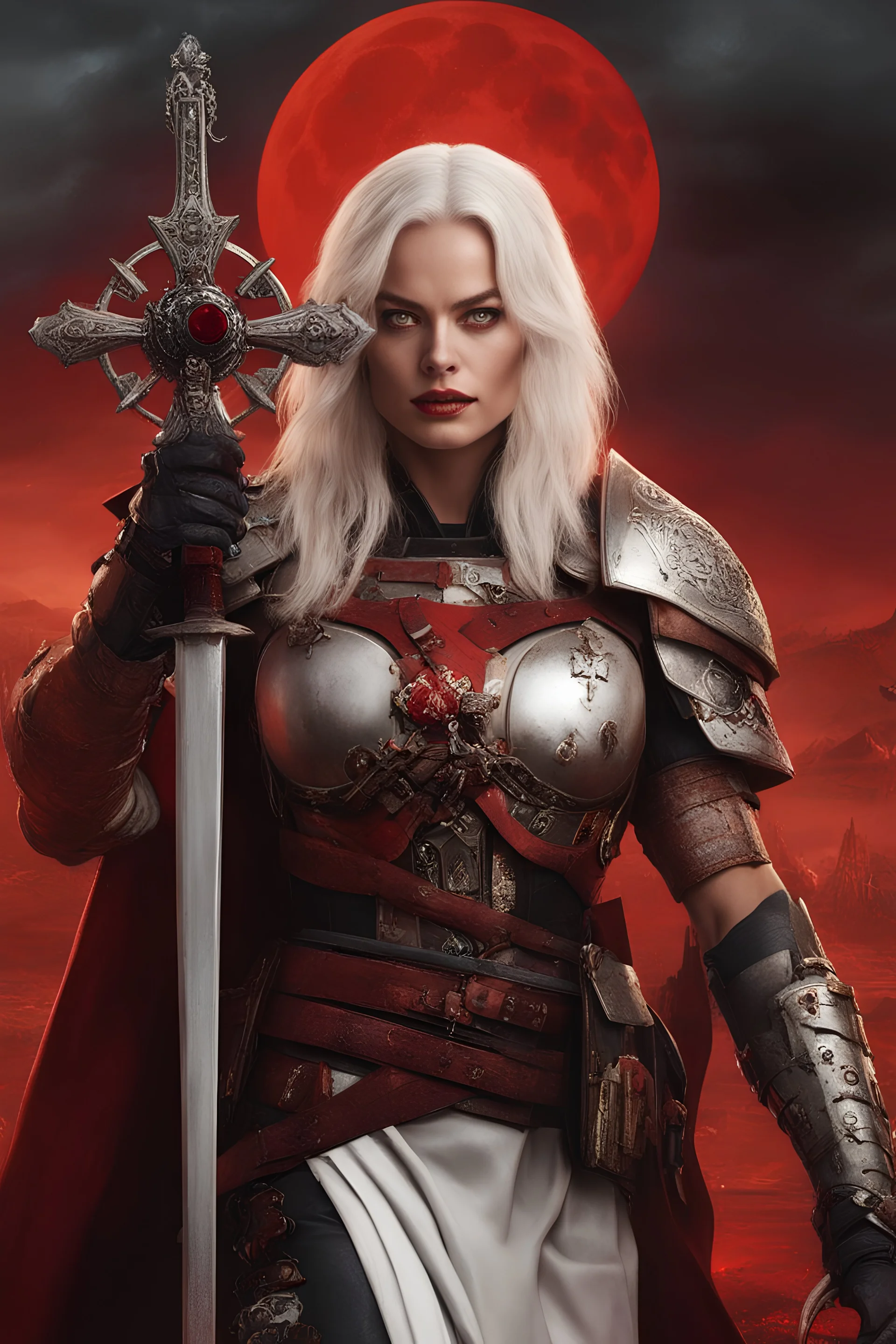 beautiful margot robbie as a sister of battle, warhammer 40k, messy white hair, pale eyes, sadistic, dressed in a revealing bloody armor with long skirt, crucifix, holy symbols, standing on a bloody battlefield, blood moon in the background, sci-fi, confident, highly detailed face, very high resolution
