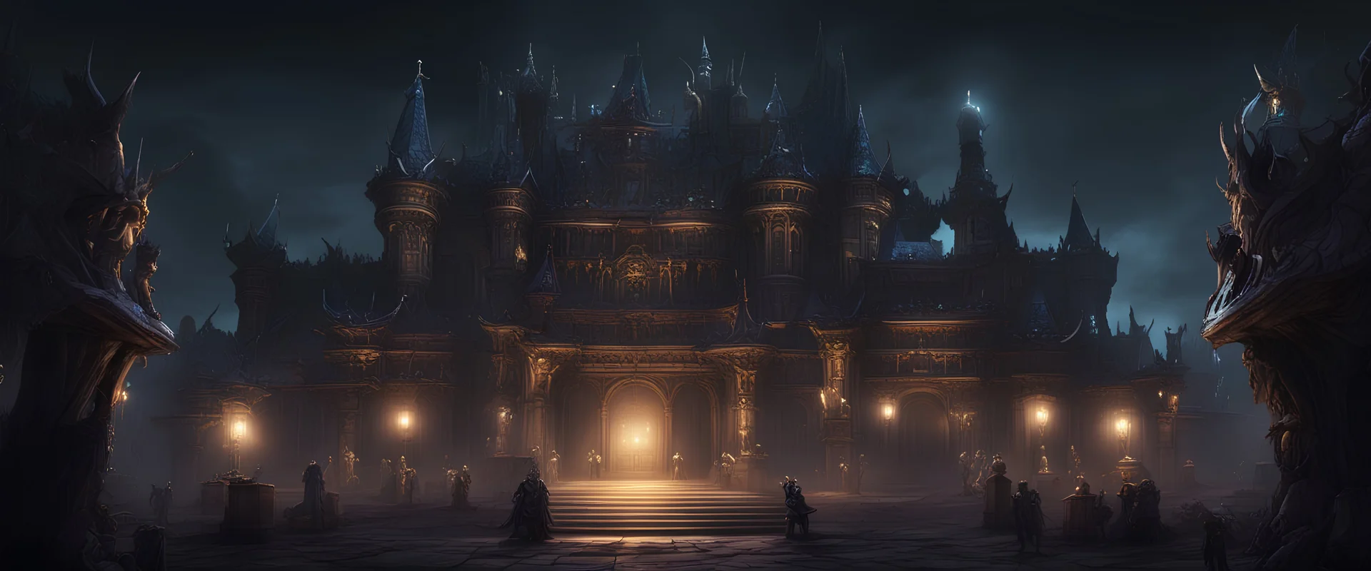 Outside the dark palace at night, where the lights are on, along with two monsters on the left and right