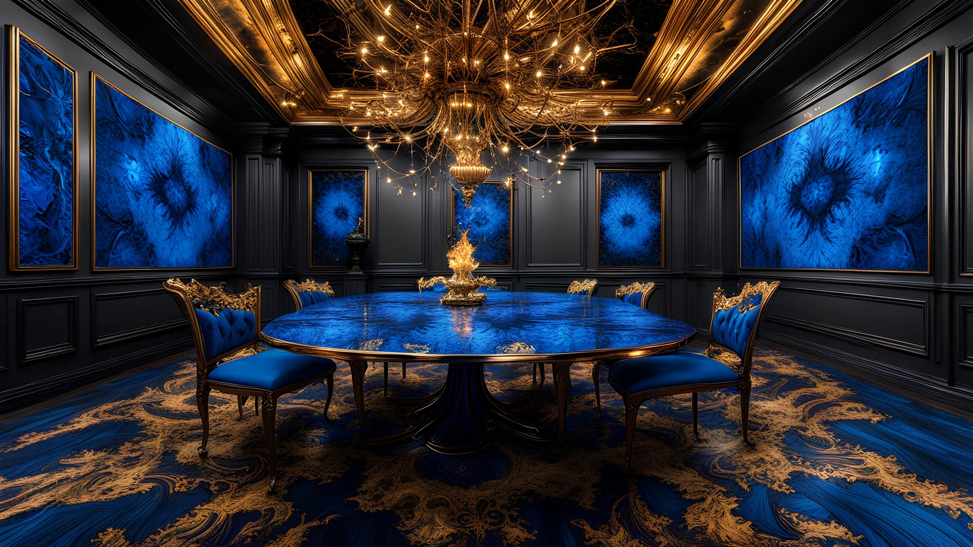 electric blue and gold fractal pattern burned into a lavish dining room dark hardwood floor using the Lichtenberg technique in the style of, sinister, gore, morbid, horror, eerie, dark fantasy; HDR, UHD, TXAA, 8k, Ralph Steadman, Seb Mckinnon, impressionism, dadaism, surrealism