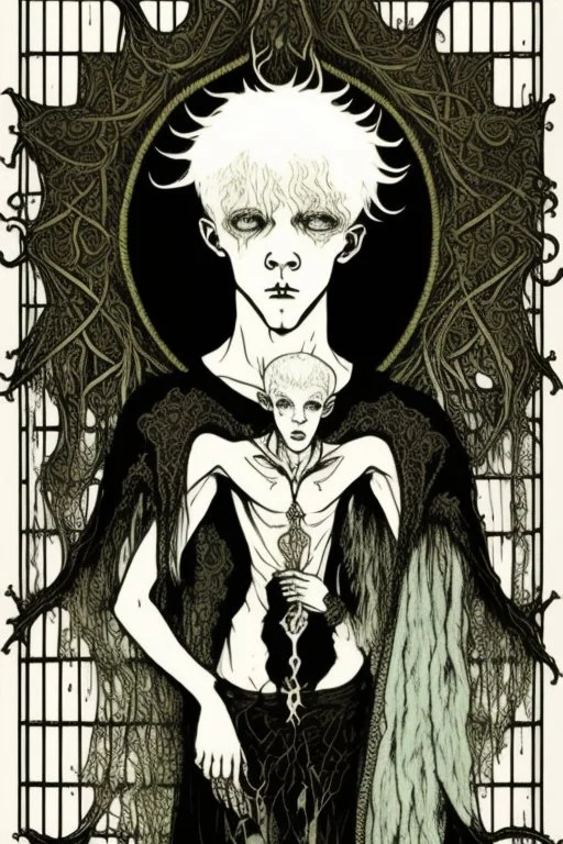 Emo, albino, teen, goat horned, satyr, alchemist, in the style of Harry Clarke